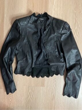 bebe Black Scalloped-Edge Cropped Leather Jacket
